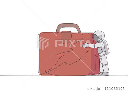 Single one line drawing young energetic astronaut hugging giant briefcase. Hugging a favorite bag that accompanied the expedition on the moon surface. Continuous line design graphic illustration Single one line drawing young energetic astronaut hugging giant briefcase. Hugging a favorite bag that accompanied the expedition on the moon surface. Continuous line design graphic illustration 111083195