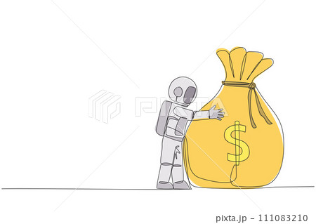 Single continuous line drawing young energetic astronaut hugging big money bag. Got very big profits from expeditionary travel into space. Cosmic galaxy deep space. One line design vector illustration 111083210