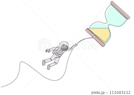 Single continuous line drawing astronaut holding on to flying hourglass. Natural fly. Fly free. Anti gravity. Cosmic galaxy deep space. Cosmonaut and spaceflight. One line design vector illustration 111083212