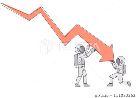 Continuous one line drawing two astronauts holding large arrow charts swooping down. One of them holding the end. Team work so the arrow can go back up. Single line draw design vector illustration Continuous one line drawing two astronauts holding large arrow charts swooping down. One of them holding the end. Team work so the arrow can go back up. Single line draw design vector illustration 111083262