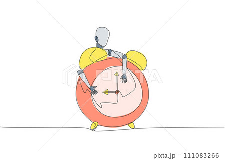 Continuous one line drawing robotic hugging alarm clock. Configuring alarm clock technology to robotic artificial intelligence. Future technology concept. Single line draw design vector illustration 111083266