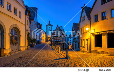 Rothenburg ob der Tauber Germany, night city skyline at Plonlein the Town on Romantic Road of Germany 111083306