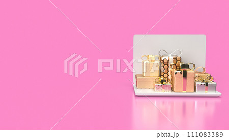 The White laptop and gift box for Technology or Shopping online concept 3d rendering. The White laptop and gift box for Technology or Shopping online concept 3d rendering. 111083389