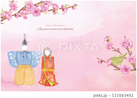 水彩で描いた立ち雛と桃の花 111083492