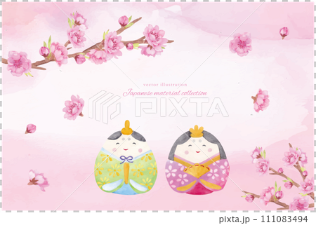 Watercolor hand-drawn gorgeous peach flowers and Hinamatsuri material set Watercolor hand-drawn gorgeous peach flowers and Hinamatsuri material set 111083494