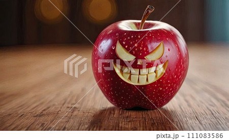 AI-generated content. Apple evil smiling - carved evil smile on apple, knife rests nearby on wooden surface, indoor lighting. 111083586