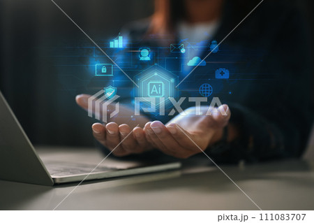 Artificial intelligence of futuristic technology concept. Businesswoman holding virtual ai technology icon Artificial intelligence of futuristic technology concept. Businesswoman holding virtual ai technology icon 111083707