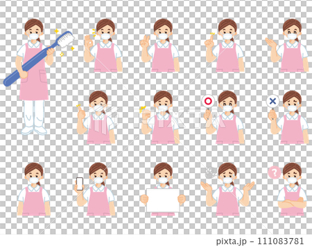 Dental hygienist woman holding a toothbrush - illustration material set of facial expressions and gestures 111083781