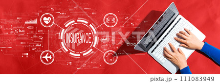 Insurance concept with person using a laptop Insurance concept with person using a laptop 111083949