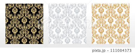 Wallpapers in the style of Baroque. Seamless vector backgrounds. Set of colored floral ornaments. Graphic patterns for fabric, wallpaper, packaging. Ornate Damask flower ornaments 111084373