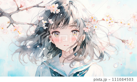 満開の桜と制服姿のかわいい女の子の水彩イラスト「AI生成画像」のイラスト素材 [111084503] - PIXTA