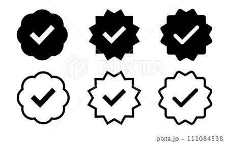 Black tick verified symbol icon set with fill and stroke. Tick, right, v, verification symbol. accept, vote, choice symbol for use in apps, profiles and bio. Black tick verified symbol icon set with fill and stroke. Tick, right, v, verification symbol. accept, vote, choice symbol for use in apps, profiles and bio. 111084538