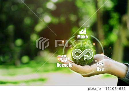 Hand hold the Green earth with circular economy icon. Business and environment sustainable of concept of eternity, endless, circular economy. Hand hold the Green earth with circular economy icon. Business and environment sustainable of concept of eternity, endless, circular economy. 111084631
