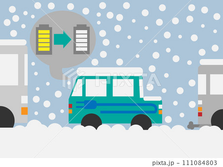 雪で立ち往生した電気自動車のバッテリーがゼロになってしまったイメージ素材 雪で立ち往生した電気自動車のバッテリーがゼロになってしまったイメージ素材 111084803