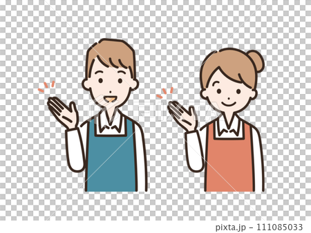 Illustration of a man and woman in aprons giving guidance _ upper body Illustration of a man and woman in aprons giving guidance _ upper body 111085033