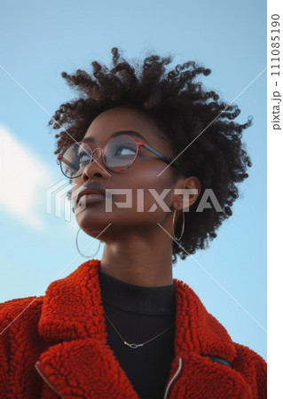 a woman with afro hair and a red jacket looking up at sky a woman with afro hair and a red jacket looking up at sky 111085190
