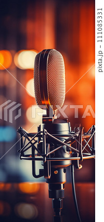 Sound recording microphone on black background. Poster with copy space. 111085331