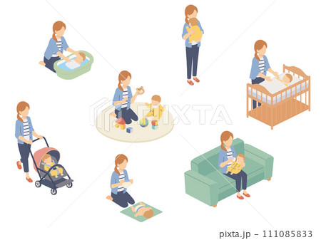 赤ちゃんのお世話をする女性のアイソメトリックイラスト 111085833