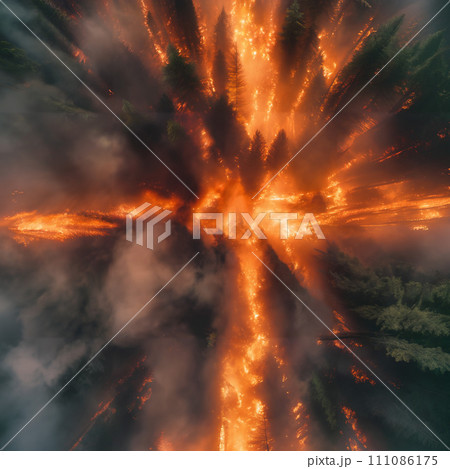 AI-generated content. An intense forest fire with trees and smoke. 111086175