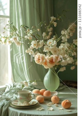 a vase sits next to a pot of peaches and a table setting a vase sits next to a pot of peaches and a table setting 111086542