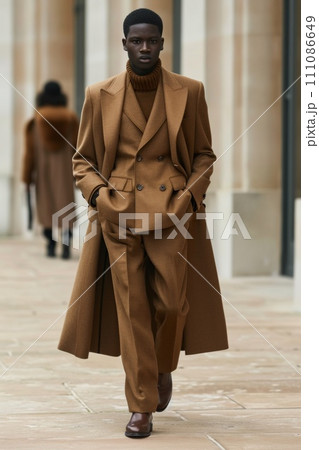 young african american man wearing wool coat in of camel color young african american man wearing wool coat in of camel color 111086649