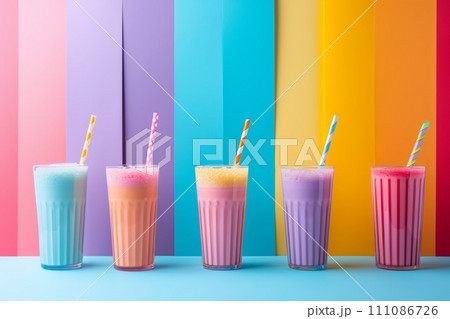 five colorful smoothies as a counter with rainbow colors 111086726
