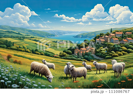 Envision rolling hills adorned with lush green pastures where contented sheep graze peacefully. Envision rolling hills adorned with lush green pastures where contented sheep graze peacefully. 111086767