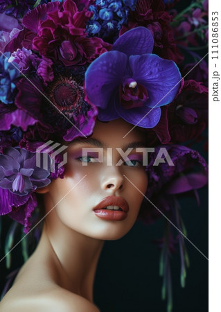 an elegant model with a flower crown on her head an elegant model with a flower crown on her head 111086853