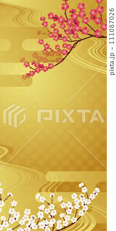 日本風の背景。紅梅白梅と金色の背景の縦型イラスト 111087026