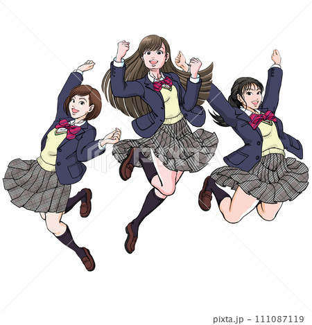 ジャンプして喜びを表現する三人の女子高生_背景無し 111087119
