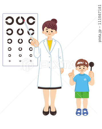 眼科医の女性と少年の全身イラスト 医療従事者 眼科医の女性と少年の全身イラスト 医療従事者 111087181