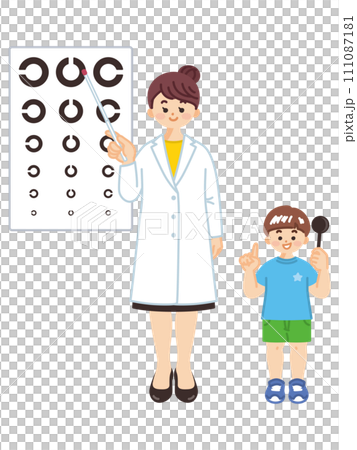 眼科医の女性と少年の全身イラスト 医療従事者 眼科医の女性と少年の全身イラスト 医療従事者 111087181