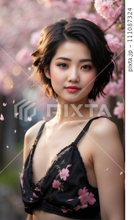 桜の木を背景に映る美しい女性のポートレート 111087324
