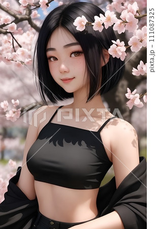 桜の木を背景に映る美しい女性のポートレート 桜の木を背景に映る美しい女性のポートレート 111087325