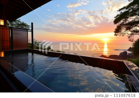 露天風呂から眺める景色・旅館・宿泊施設「AI生成画像」 111087618