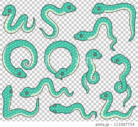 Illustrations of snakes in various poses [color set] 111087754
