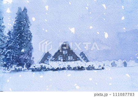 【世界遺産】豪雪の白川郷・三連合掌・水彩画調【岐阜県】 【世界遺産】豪雪の白川郷・三連合掌・水彩画調【岐阜県】 111087783