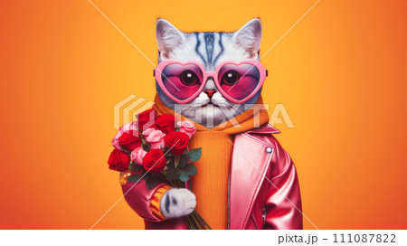Cute funny cat holding with bouquet of roses in Valentines day concept. Cute funny cat holding with bouquet of roses in Valentines day concept. 111087822