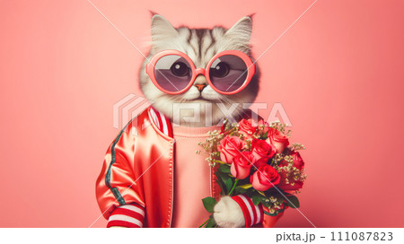 Cute funny cat holding with bouquet of roses in Valentines day concept. Cute funny cat holding with bouquet of roses in Valentines day concept. 111087823