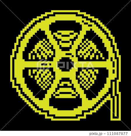 Pixel silhouette icon. Reel with old 35 mm photo film. World cinema day December 28th. Simple black and yellow vector 111087877