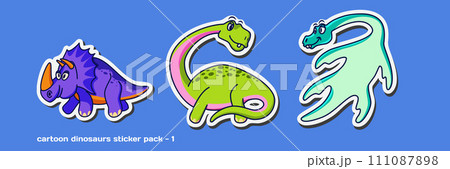 A collection of funny dinosaur vector cartoon character stickers in isolated solid colors background. The first sticker pack features a Triceratops, Plesiosaurs, and Brontosaurus.	 111087898