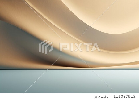 ベージュの曲線的な壁と淡い青緑の平らな床がある抽象的な空間。AI生成画像 ベージュの曲線的な壁と淡い青緑の平らな床がある抽象的な空間。AI生成画像 111087915