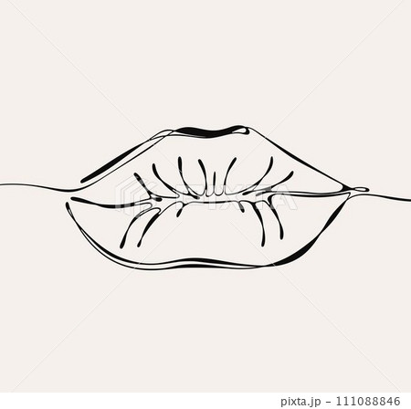 One line continuous woman lips on white background. Outline vector illustration. For banner, design element, template, postcard. One line continuous woman lips on white background. Outline vector illustration. For banner, design element, template, postcard. 111088846
