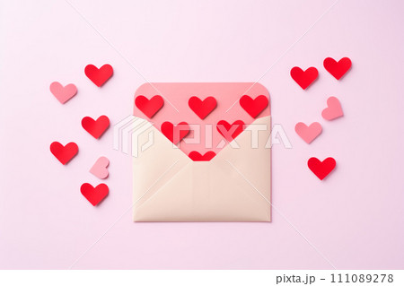 Envelope with red hearts on a solid pink background. 3d render. Envelope with red hearts on a solid pink background. 3d render. 111089278