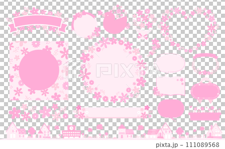 Fashionable hand-drawn pink spring frame and illustration of cute flowers, easy to use as a bouquet image or floral background. 111089568