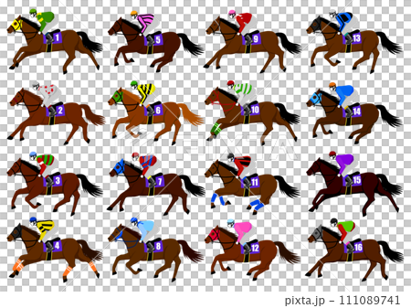 競馬のレースに出走する16頭の競走馬と16人の騎手 111089741