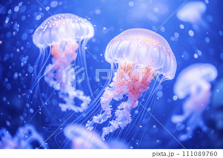 glowing jellyfish gracefully drifting underwater, their tentacles trailing in a deep blue oceanic backdrop. 111089760