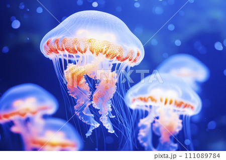 glowing jellyfish gracefully drifting underwater, their tentacles trailing in a deep blue oceanic backdrop. 111089784