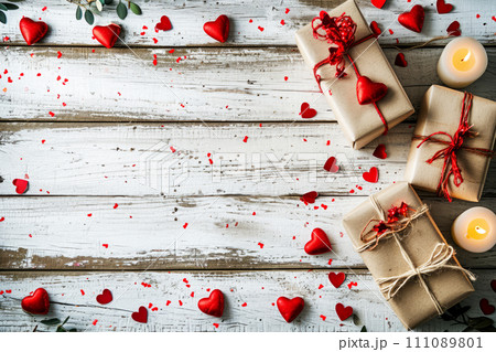 Valentine's Day Gifts and Decorations on Wooden Background. Valentine's Day Gifts and Decorations on Wooden Background. 111089801