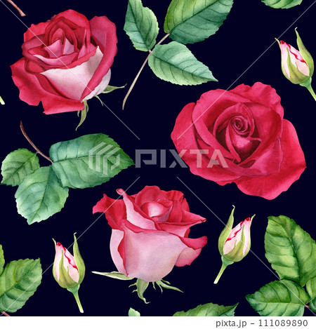 Watercolor seamless pattern with flower Rose blooms, buds and leaves. Botanical repeat pattern. For wrapping wallpaper fabric textile Watercolor seamless pattern with flower Rose blooms, buds and leaves. Botanical repeat pattern. For wrapping wallpaper fabric textile 111089890